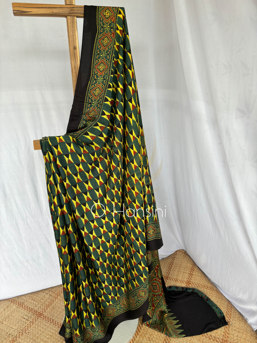 Modal Silk Hand Block Printed Ajrakh Saree
