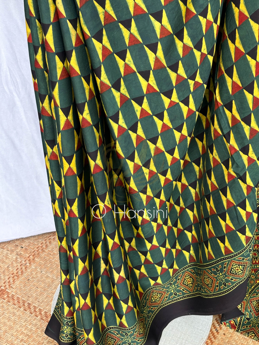 Modal Silk Hand Block Printed Ajrakh Saree