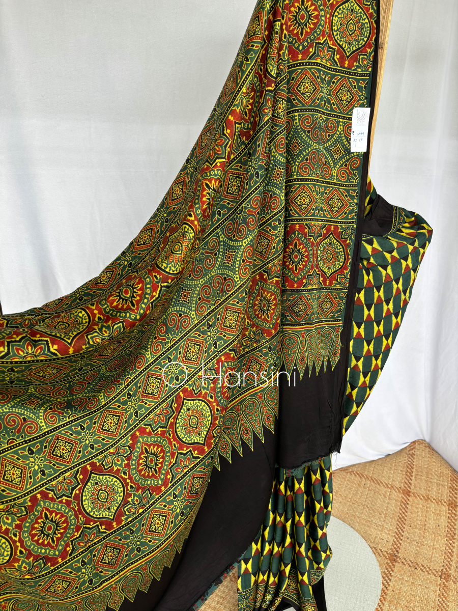 Modal Silk Hand Block Printed Ajrakh Saree