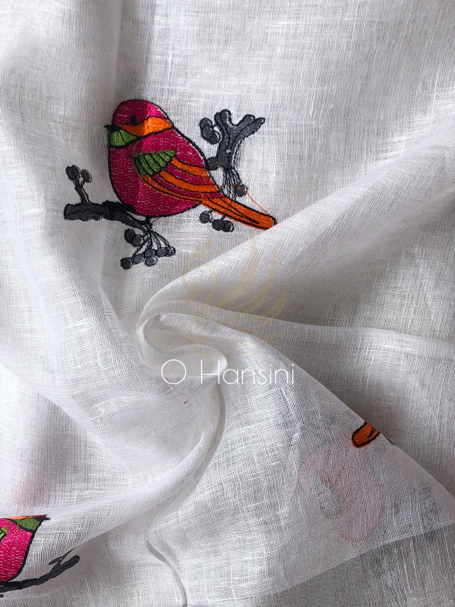 Embroidered Pure Linen Saree