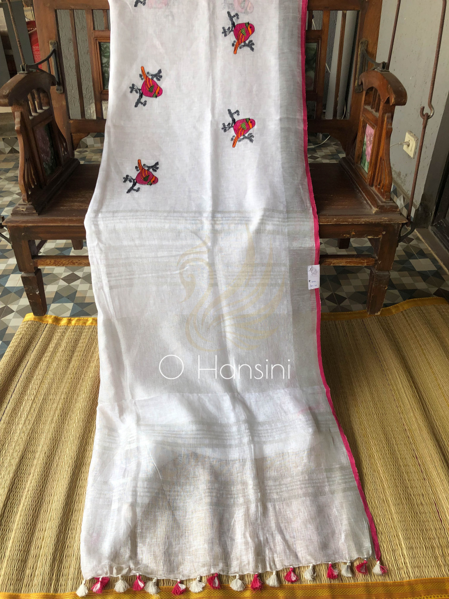 Embroidered Pure Linen Saree