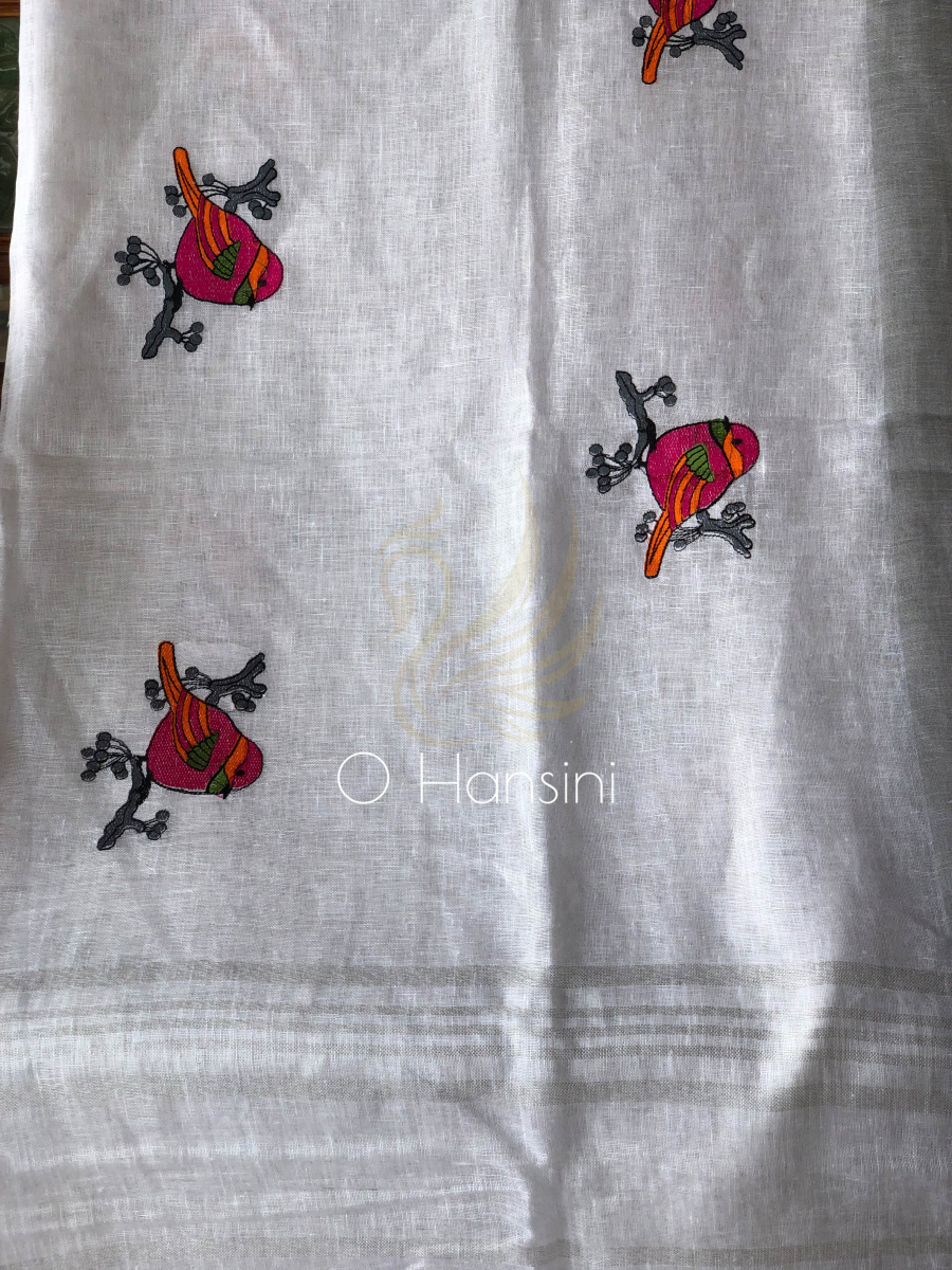 Embroidered Pure Linen Saree