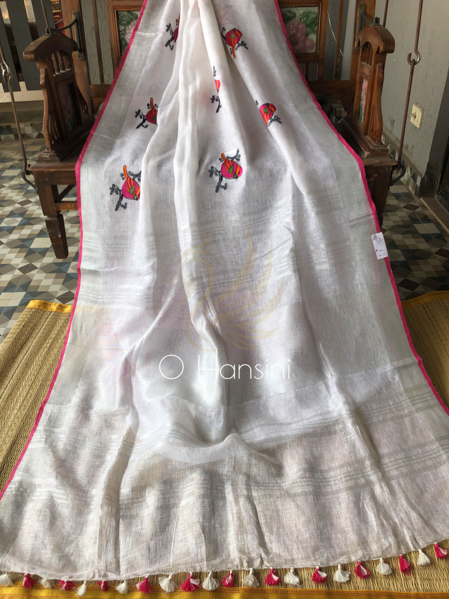 Embroidered Pure Linen Saree