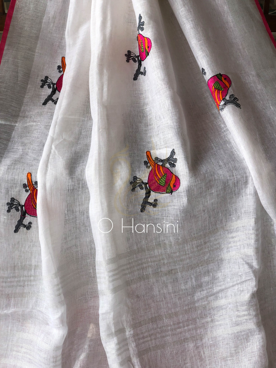 Embroidered Pure Linen Saree