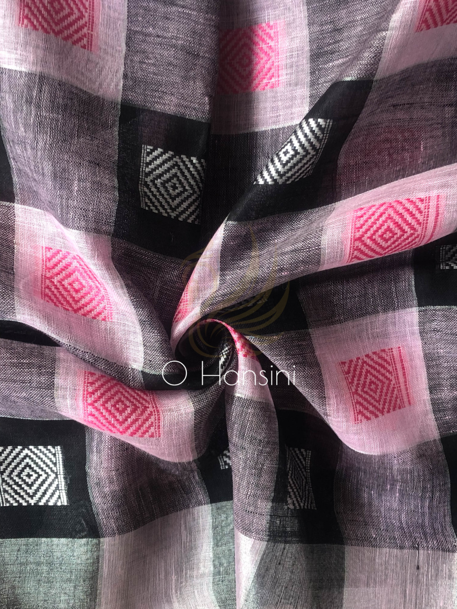 Checkered Pure Linen Saree