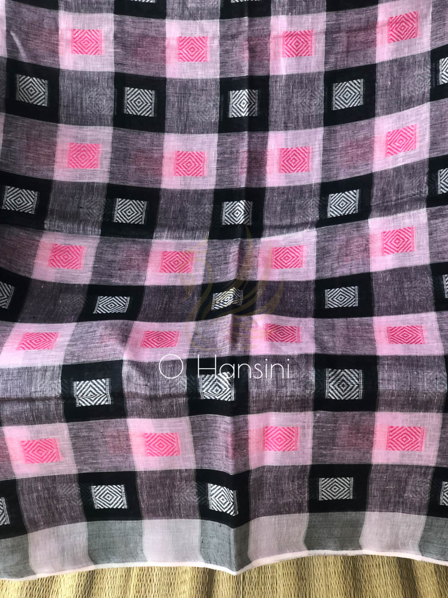 Checkered Pure Linen Saree