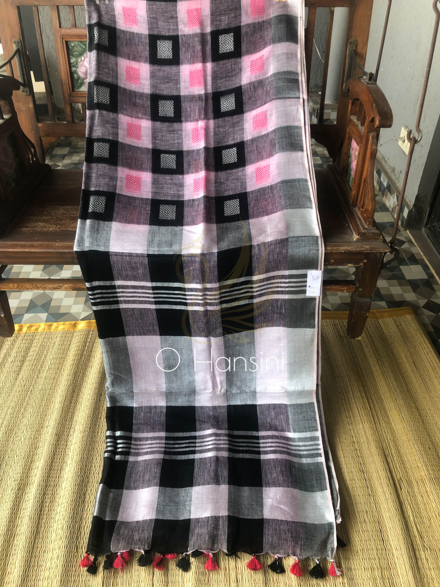 Checkered Pure Linen Saree