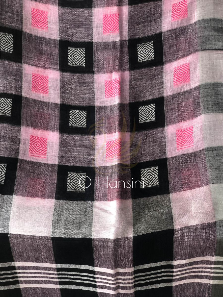 Checkered Pure Linen Saree