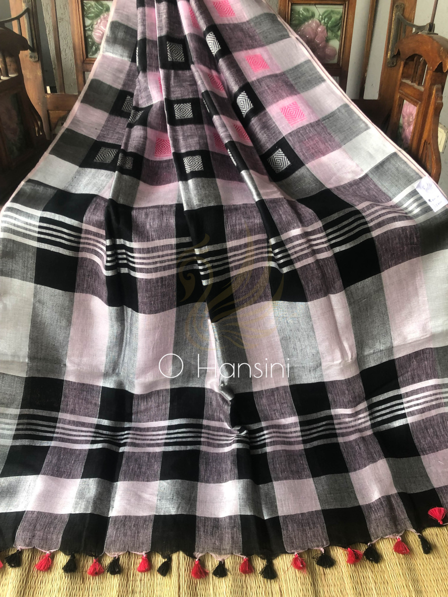 Checkered Pure Linen Saree