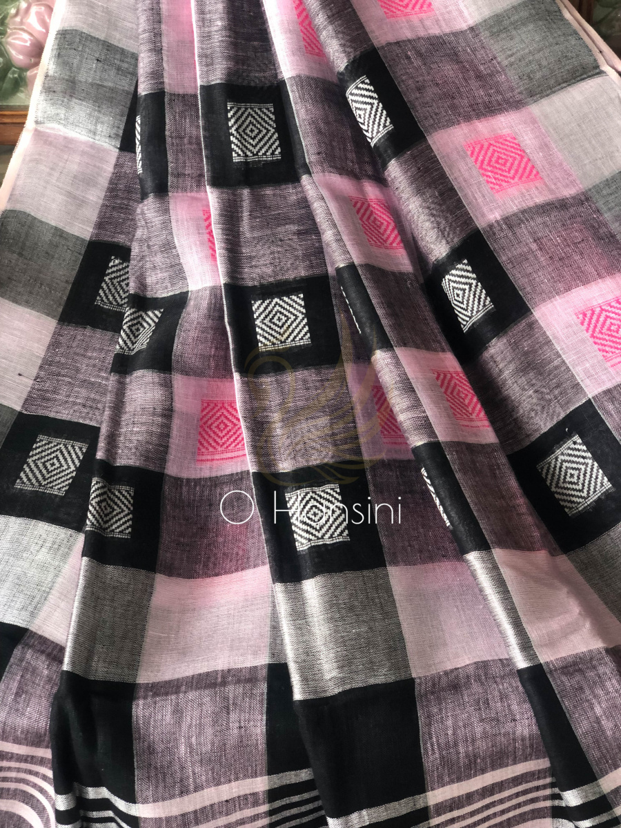 Checkered Pure Linen Saree