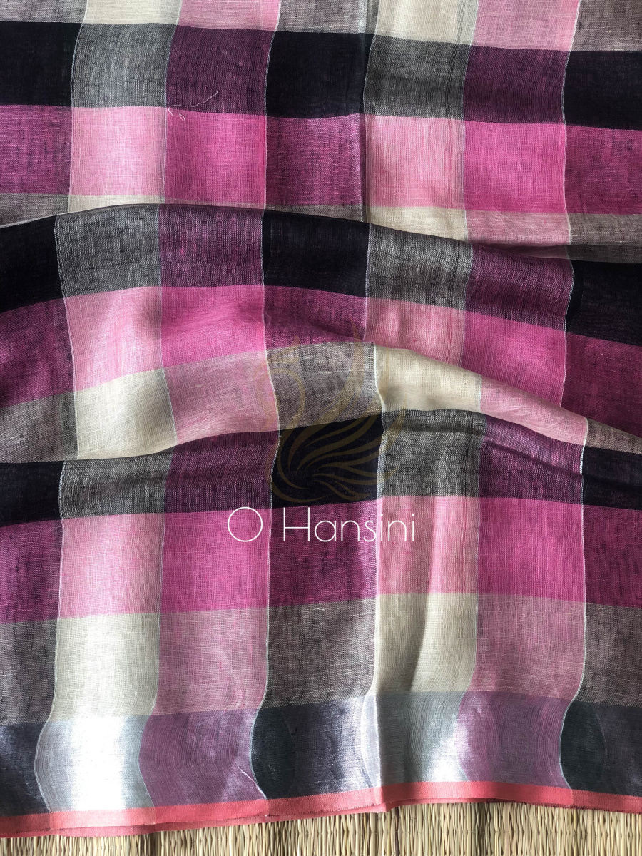 Checkered Pure Linen Saree