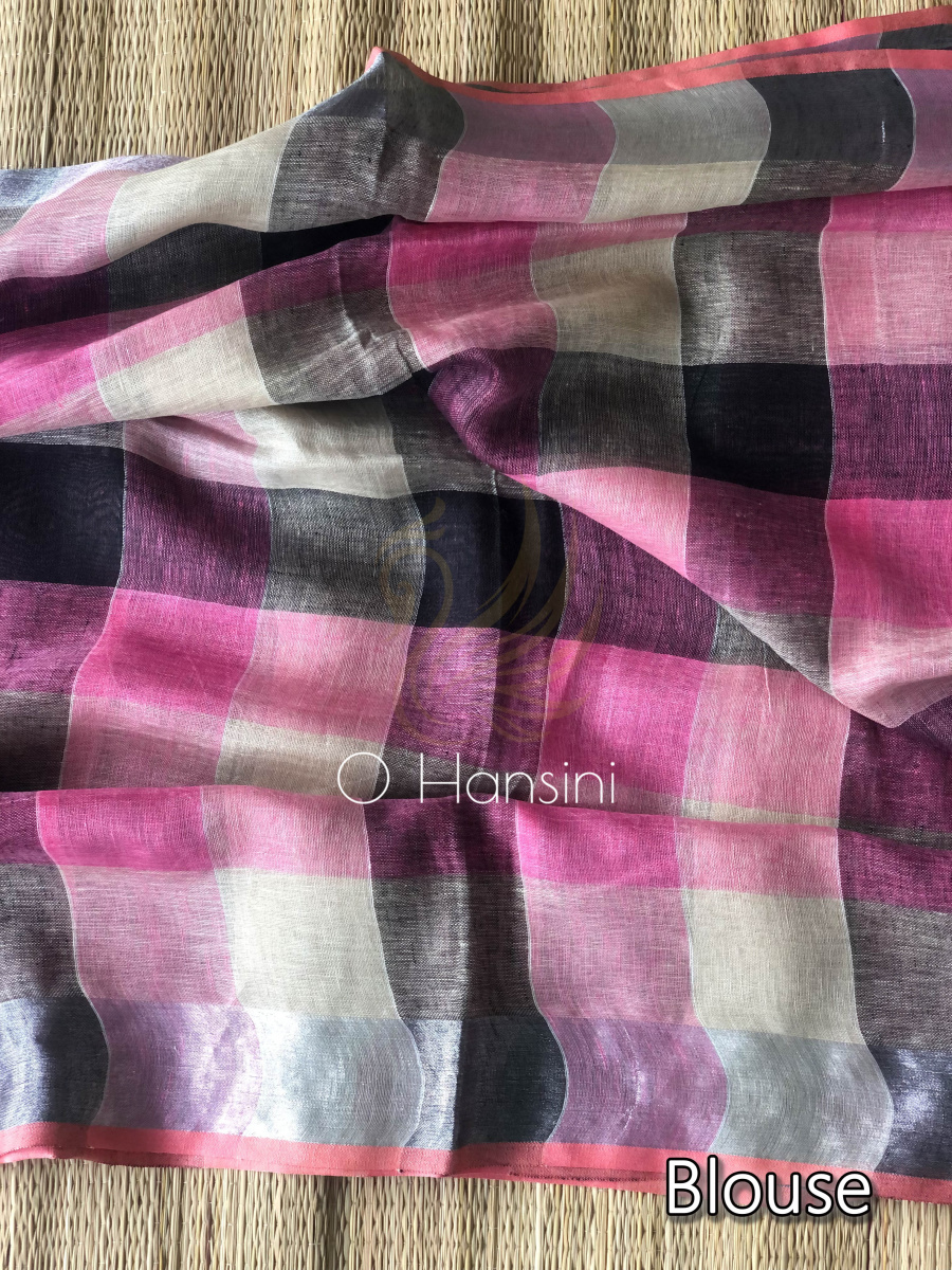 Checkered Pure Linen Saree