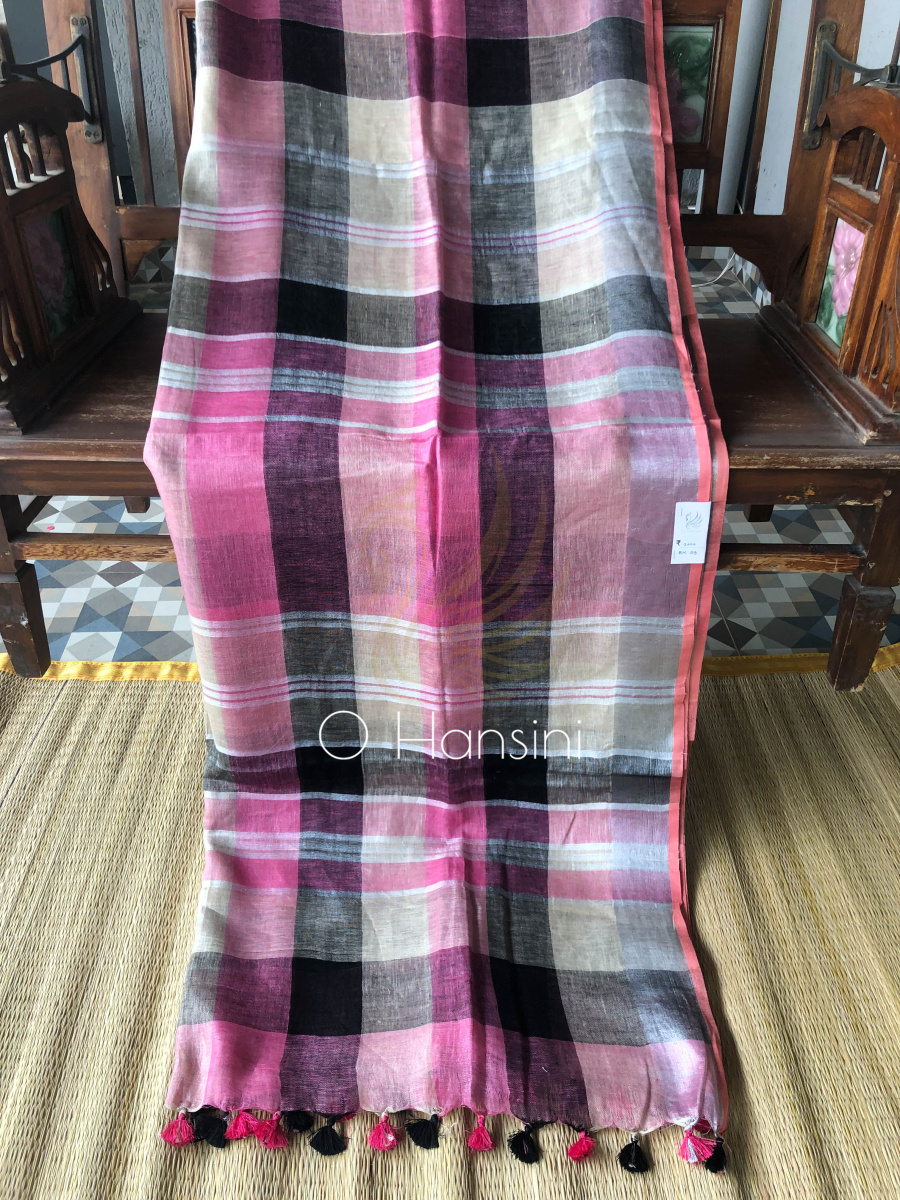 Checkered Pure Linen Saree