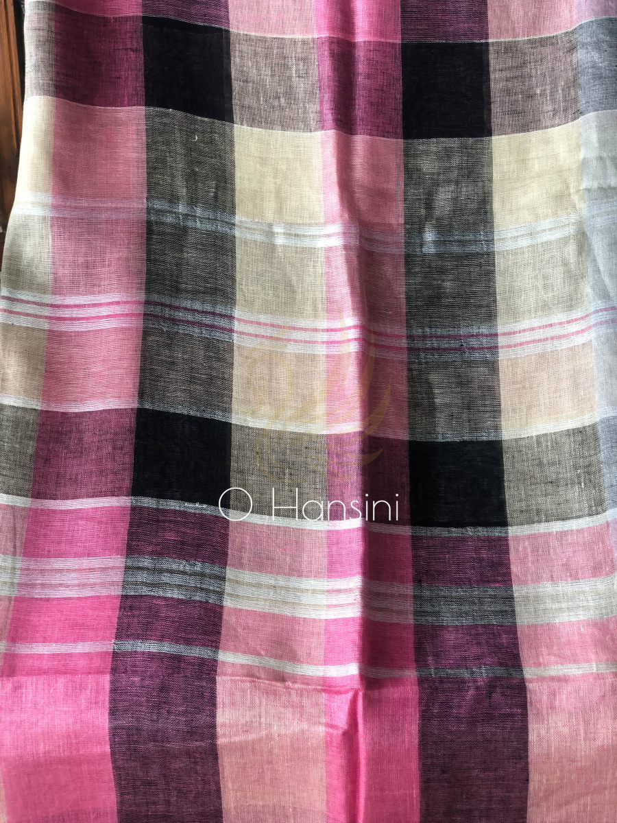 Checkered Pure Linen Saree