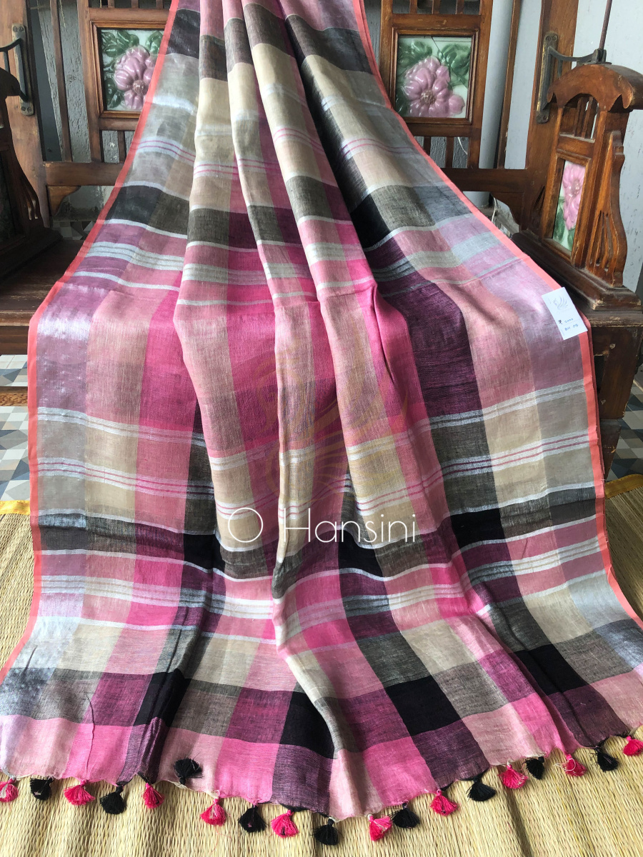 Checkered Pure Linen Saree
