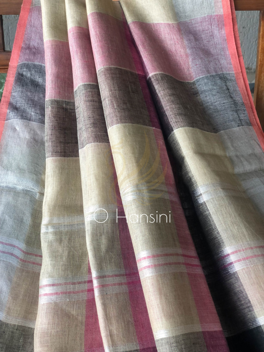 Checkered Pure Linen Saree