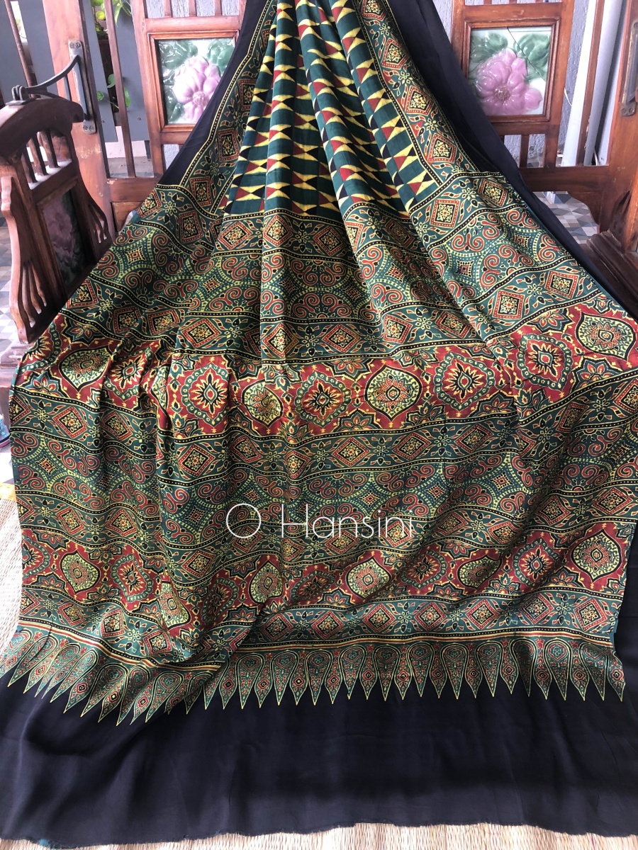 Modal Silk Hand Block Printed Ajrakh Saree