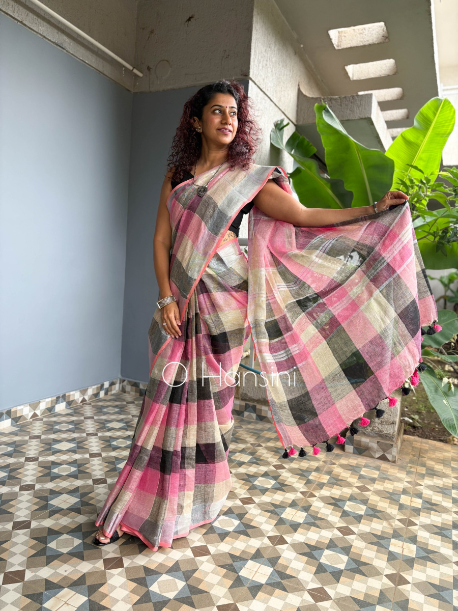 Checkered Pure Linen Saree