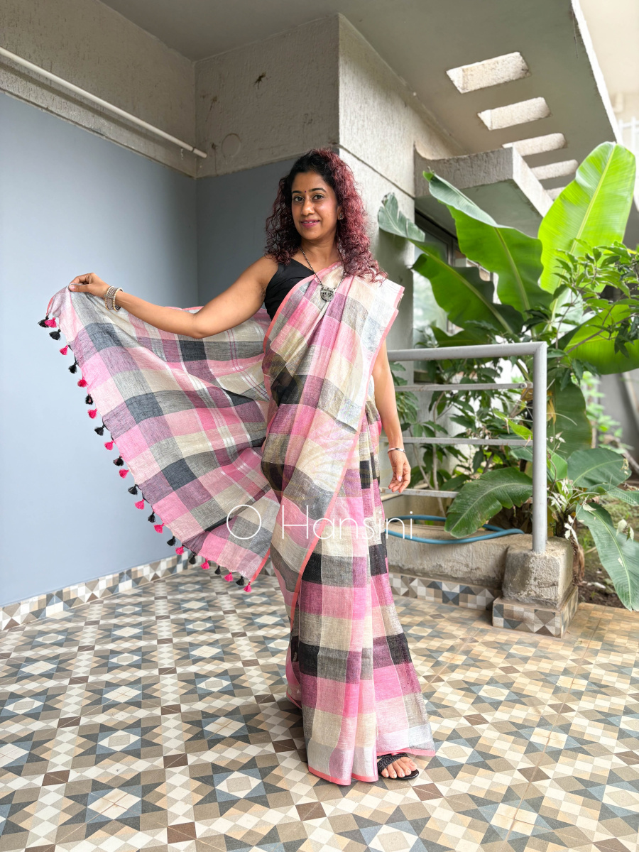 Checkered Pure Linen Saree