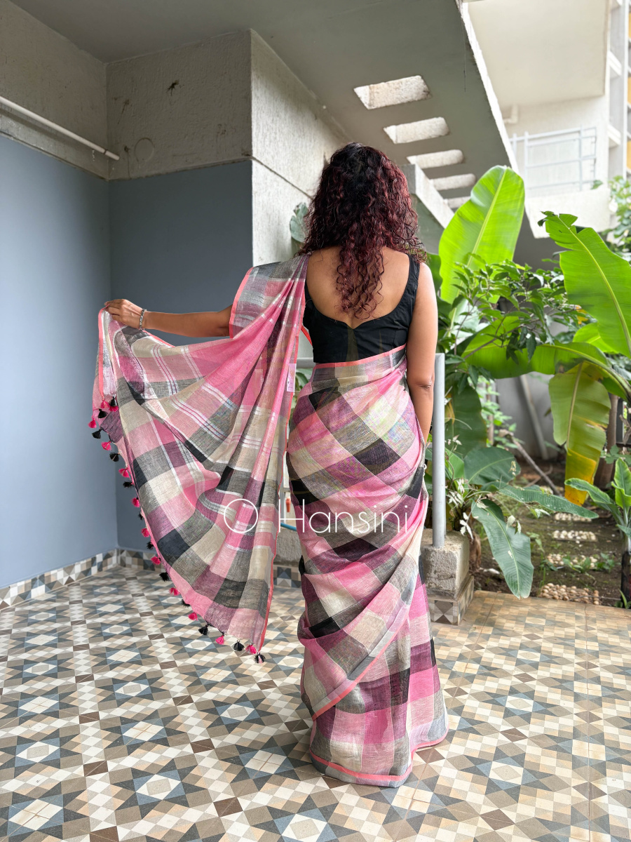 Checkered Pure Linen Saree