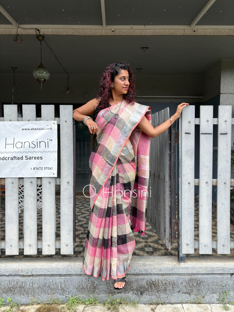 Checkered Pure Linen Saree