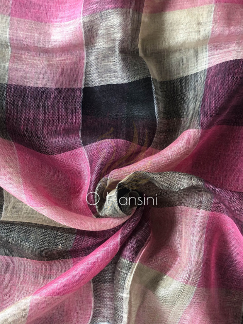 Checkered Pure Linen Saree