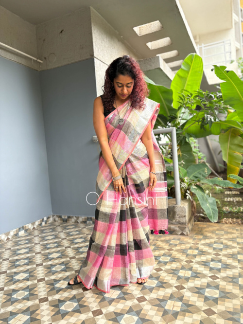Checkered Pure Linen Saree