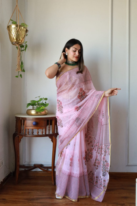 Hand Block Printed Semi Chiffon Saree